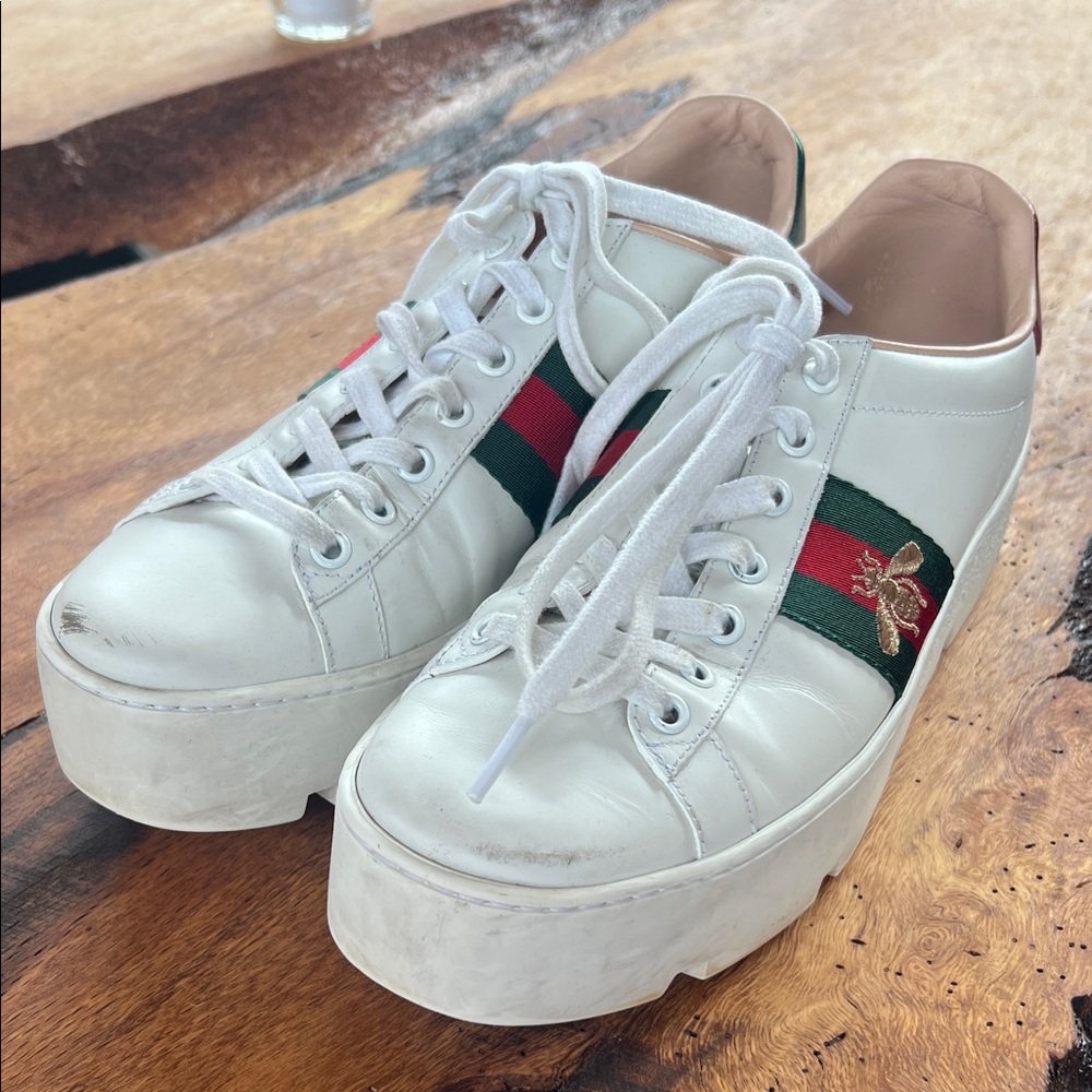 Gucci Ace Platform White Sneakers with Green and Red Stripes